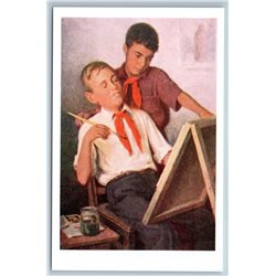 Little Boys Pioneer paints a picture Socialist Realism Russian postcard