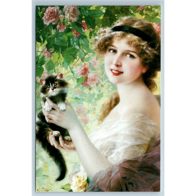 PRETTY GIRL LADY with CAT Kitten in Garden Romantic by EMIL VERNON NEW Postcard