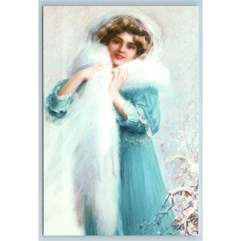 PRETTY WOMAN LADY in Blue dress Snow Old Fashion by DELPHIN ENJOLRAS NEW postcard