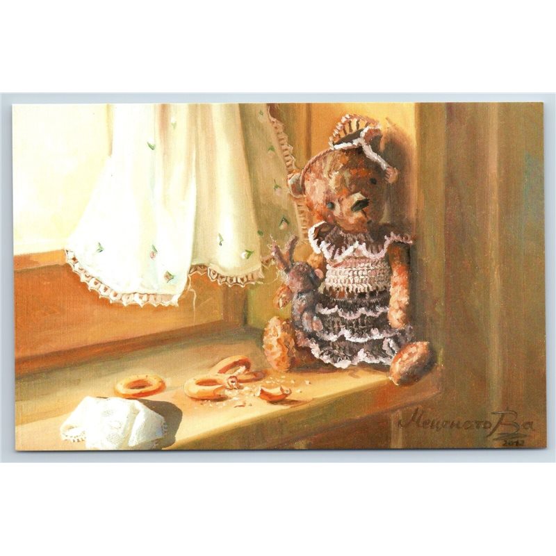 TEDDY BEAR knitted toy Window Bagels Sweets TOYS ART Russian NEW Postcard