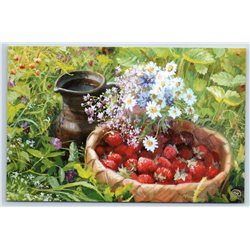 JUG of Water Strawberry Bouquet of chamomile FOOD Peasant Russian NEW Postcard
