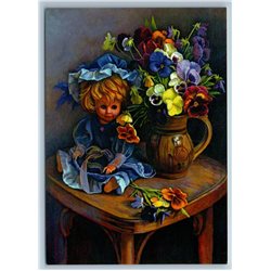 Doll and a bouquet of pansies Still Life Toys Art Russia Modern Postcard
