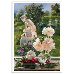 STILL LIFE Peonies in a Vase Statuette Russian Peasant Ethnic Modern Postcard