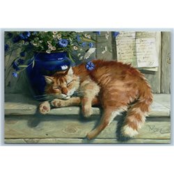 GINGER RED CAT Flower Porcelain Vase Cornflowers Daisies Russian New Postcard
