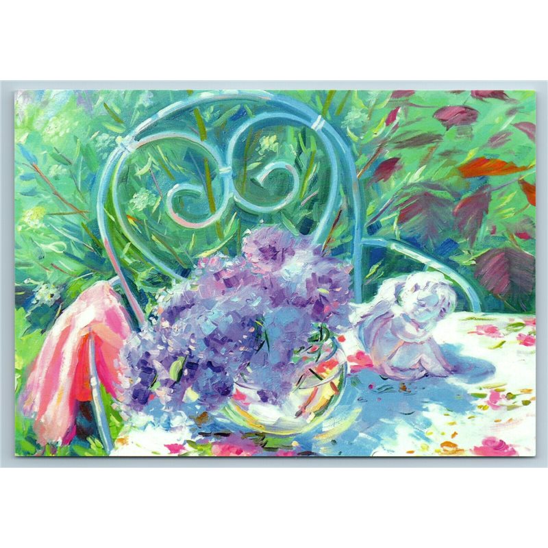 FLOWERS in Garden Shabby Lilac Angel Sculpture Summer Time New Unposted Postcard
