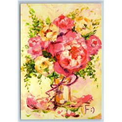 ROSES in Vase Pretty Love Bouquet Shabby Style New Unposted Postcard