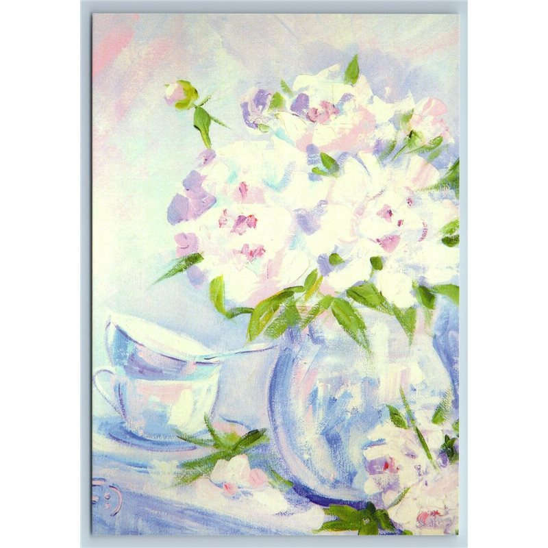 WHITE BOUQUET in Vase and Tea Cup Gentle Touches New Unposted Postcard