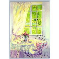 TABLE near WINDOW Flowers in Vase GOOD MORNING Summer New Unposted Postcard
