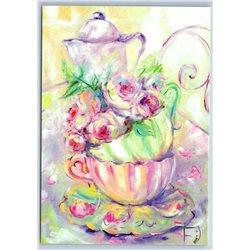 TEA PARTY TIME with a SHABBY BOUQUET Flowers Tender ART New Unposted Postcard