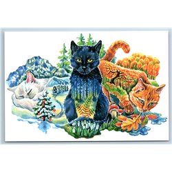 3 CATS of Nature Red White Ginger Autumn Winter Spring Fantasy New Postcard