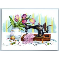 SEWING MACHINE with Tulips SEW Art Needlework by Petunova New Postcard