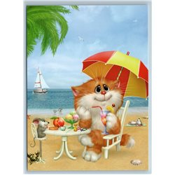 FUNNY GINGER CAT with MOUSE on SEA Beach Seascape Relax New Unposted Postcard