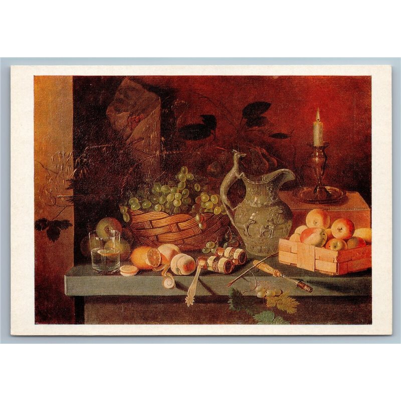 1981 STILL LIFE Candle Porcelain Jug Lemon Grape Glass by Hrutsky USSR Postcard