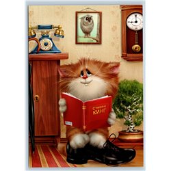 FUNNY RED CAT reading BOOK Stephen King Old Phone Interior New Unposted Postcard