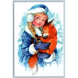 LITTLE GIRL hug RED FOX Snow Maiden in Winter Forest New Unposted Postcard