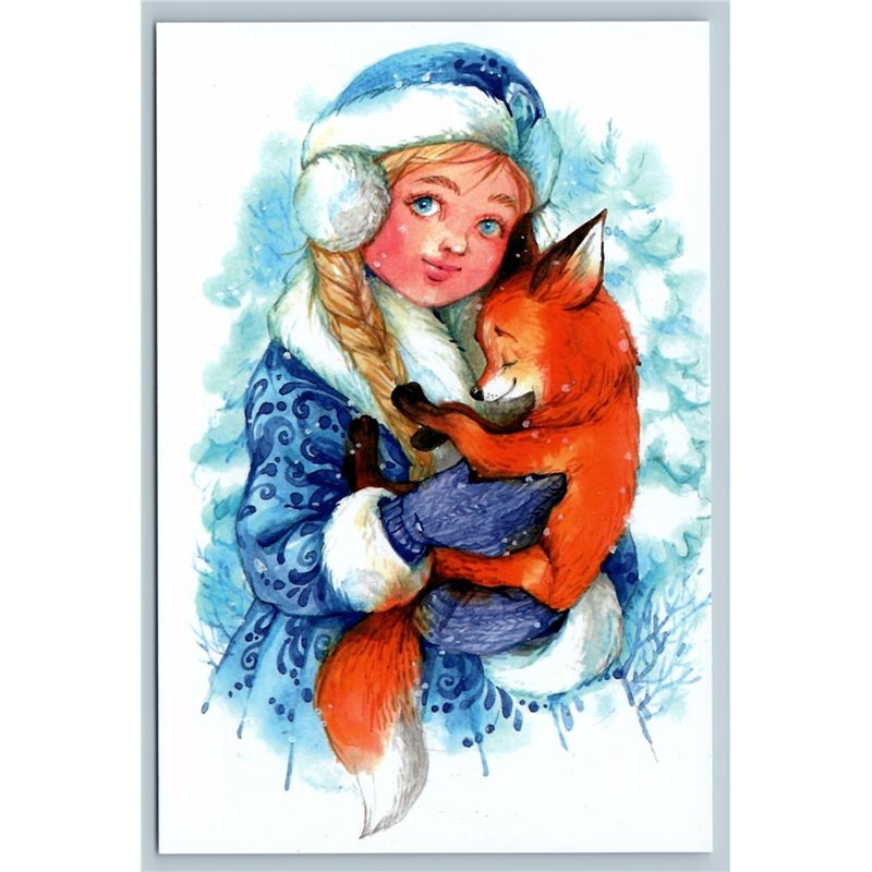 LITTLE GIRL hug RED FOX Snow Maiden in Winter Forest New Unposted Postcard
