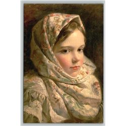 CUTE LITTLE GIRL Peasant in Shawl Russian Ethnic ART New Unposted Postcard