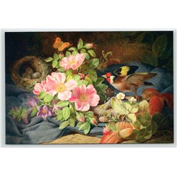 GOLDFINCH with Bird Nest Strawberry Rosehip Flowers by Lauer New Postcard