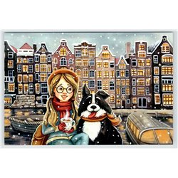 LITTLE GIRL and Funny DOG Tea Cup in Amsterdam Teatime New Unposted Postcard