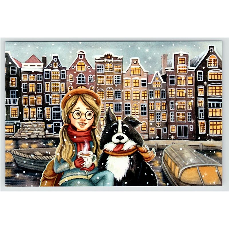 LITTLE GIRL and Funny DOG Tea Cup in Amsterdam Teatime New Unposted Postcard