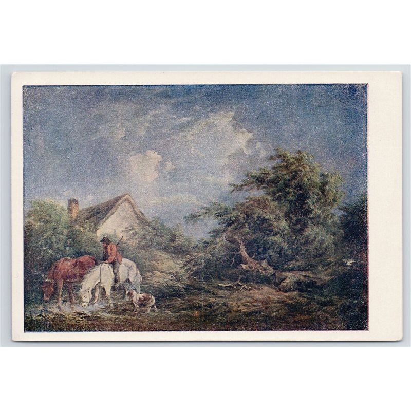 1945 George Morland Landscape with Figure Man on Horse WWII Soviet USSR Postcard