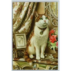 RED WHITE CAT with Green eyes Flowers Photo by Tristram Russian NEW Postcard