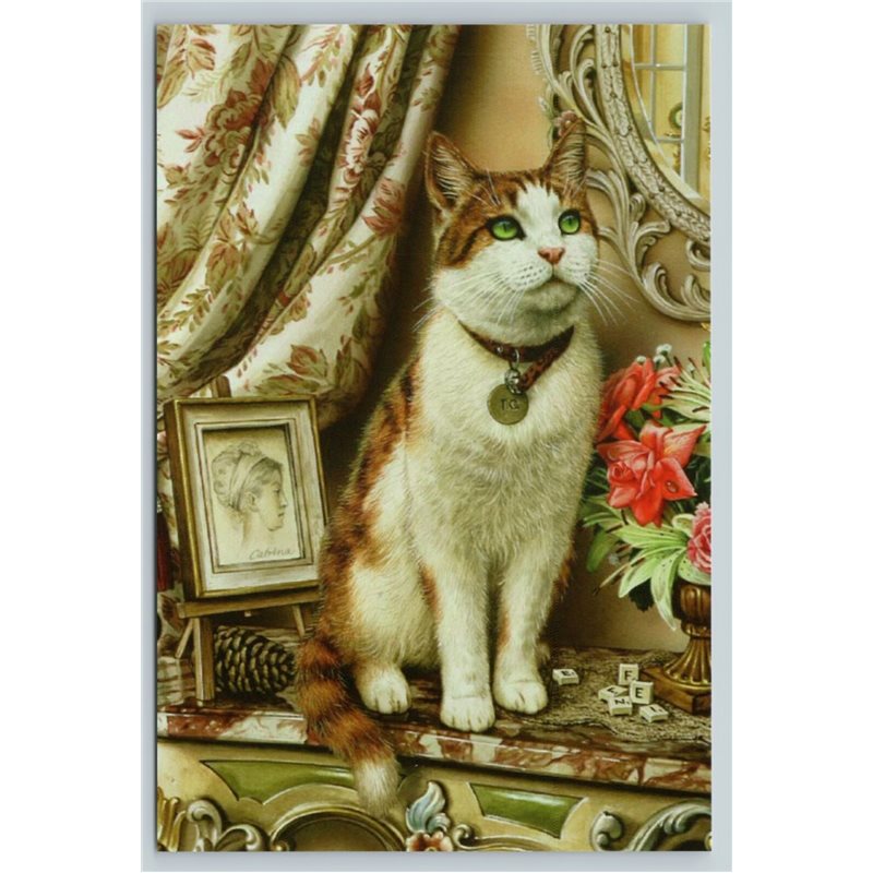 RED WHITE CAT with Green eyes Flowers Photo by Tristram Russian NEW Postcard