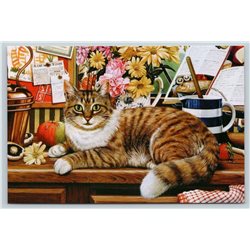 TABBY CAT on table KITCHEN JUG Flowers apple by Tristram Russian NEW Postcard