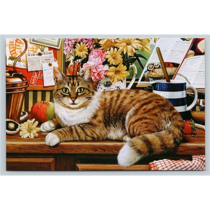 TABBY CAT on table KITCHEN JUG Flowers apple by Tristram Russian NEW Postcard