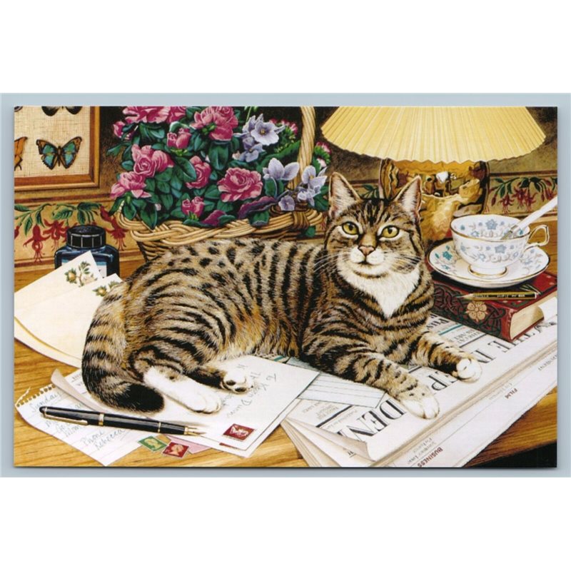 TABBY CAT on table Tea cup Porcelain Newspaper BOOK LAMP Russian Modern Postcard