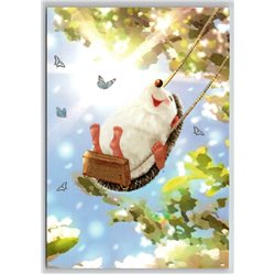 HAPPY HEDGEHOG on Swings Summer Time Sun Forest Russian New Postcard