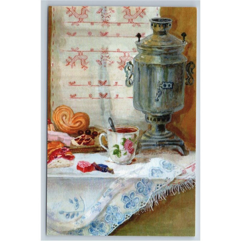 Russian Country Life Samovar Tea Cup Bagels Unposted Modern Postcard