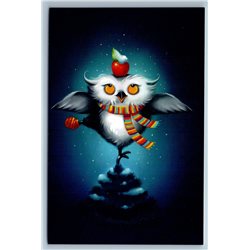 WISE OWL in Scarf Apple Fantasy Humor Russian Unposted Modern Postcard