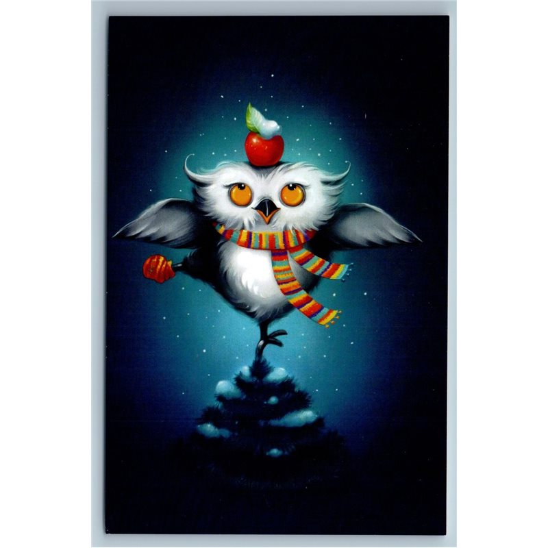 WISE OWL in Scarf Apple Fantasy Humor Russian Unposted Modern Postcard