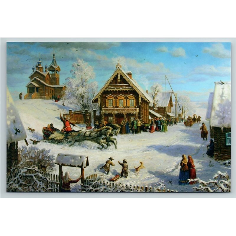 TROIKA Horse Carriage Russian Peasant Village Snow Winter Ethnic New Postcard