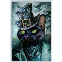 HALLOWEEN BLACK CAT in Hut Forest Raven Sleepy Hollow New Unposted Postcard