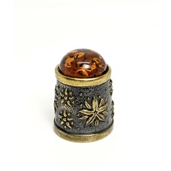 Thimble CHRYSANTHEMUM FLOWER w/ BALTIC AMBER Solid Brass Metal Russian Souvenir
