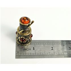 Thimble SPOOL of THREAD with NEEDLE SEW Baltic Amber Secret Solid Brass Russian