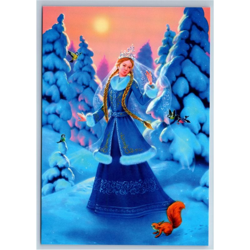 SNOW MAIDEN in Winter Forest Squirrel Birds Christmas Tree New Unposted Postcard