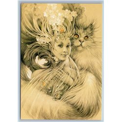 FANTASY WOMAN n CAT Guardian n Fairy Fantasy Unusual Art New Unposted Postcard