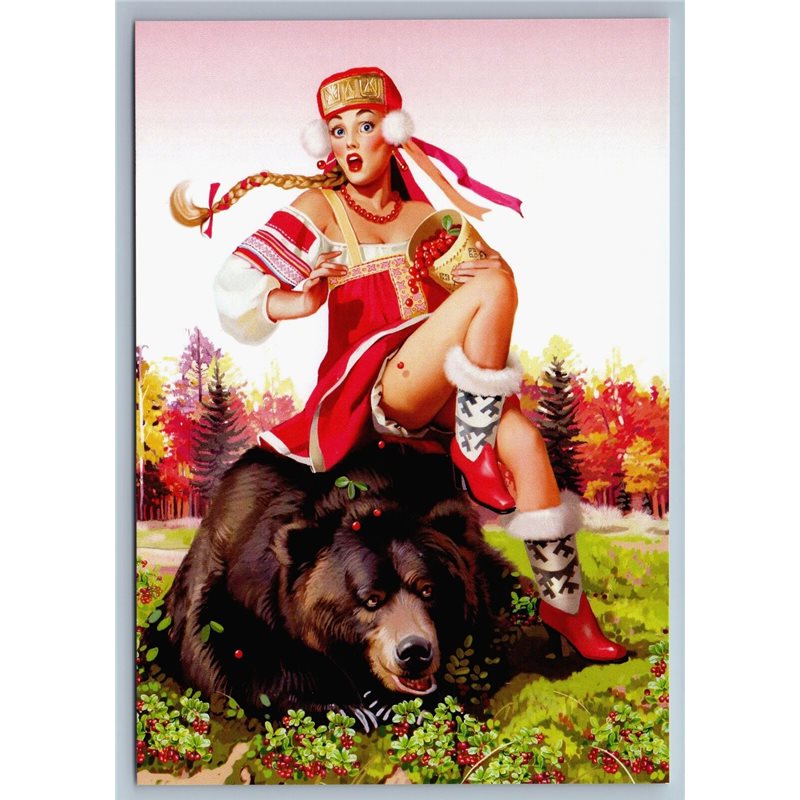 PIN-UP RUSSIAN GIRL on Brown Bear Ethnic Dress Cranberry New Unposted Postcard