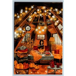 WOMAN read BOOK in House Autumn Chill out Pumpkin Lights by Moreva New Postcard