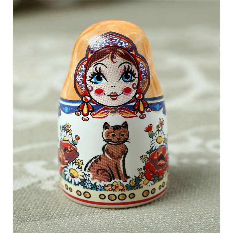 Thimble Big MATRYOSHKA DOLL CATS Nesting Solid Porcelain Russian Ethnic Souvenir