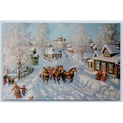 RUSSIAN TROIKA Horse Carriage in Peasant City Town Snow Winter New Postcard