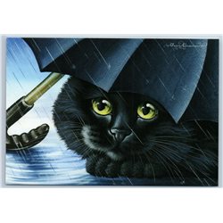BLACK CAT under BLACK UMBRELLA Rainy Day by Garmashova Russian New Postcard
