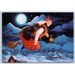 WITCH on broomstick HECK Russian Fantasy Mistery Peasant Christmas New Postcard