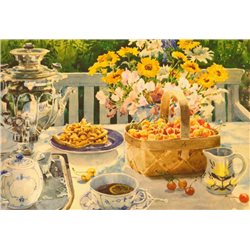 TEA PARTY TIME Teapot SAMOVAR Porcelain GZHEL by Grand Duchess Olga Postcard