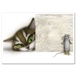CAT on the hunt and scared Mouse Funny Comic Fantasy ART Russian Modern Postcard