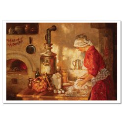 Cooking Woman in Kitchen Tea Time pancakes Bake Russian Ethnic Modern Postcard
