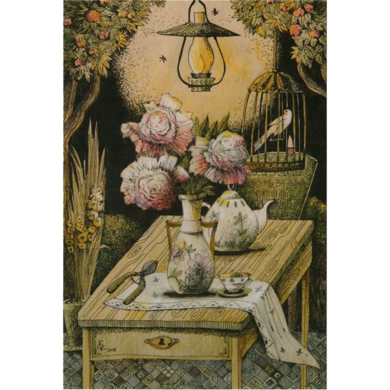 TEA PARTY TIME Interior Lamp in Garden Birdhouse Russia Modern Postcard